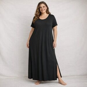 Cuddl Duds Maxi Dress Comfy Soft Womens 2X Black Short Sleeve Side Slits Lounger